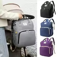 Person holding a gray backpack with color options displayed below.