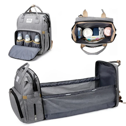 Gray diaper bag with multiple compartments and organizer on a white background